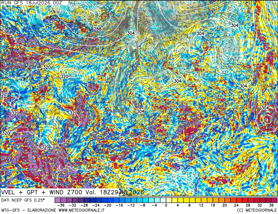 mappa 700 hPa Velocità verticiali + GPT + Vento