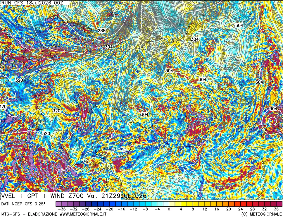 mappa 700 hPa Velocità verticiali + GPT + Vento