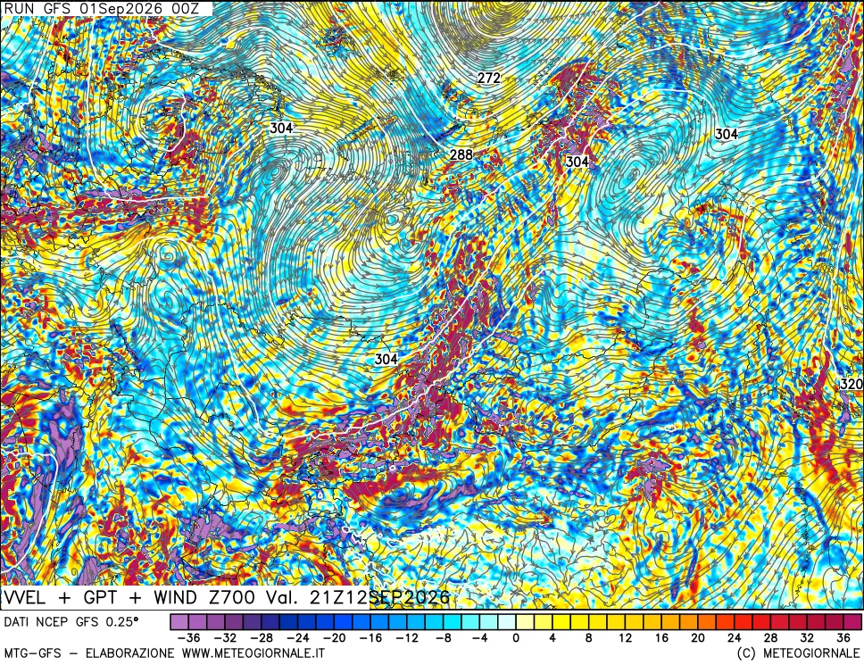 mappa 700 hPa Velocità verticiali + GPT + Vento