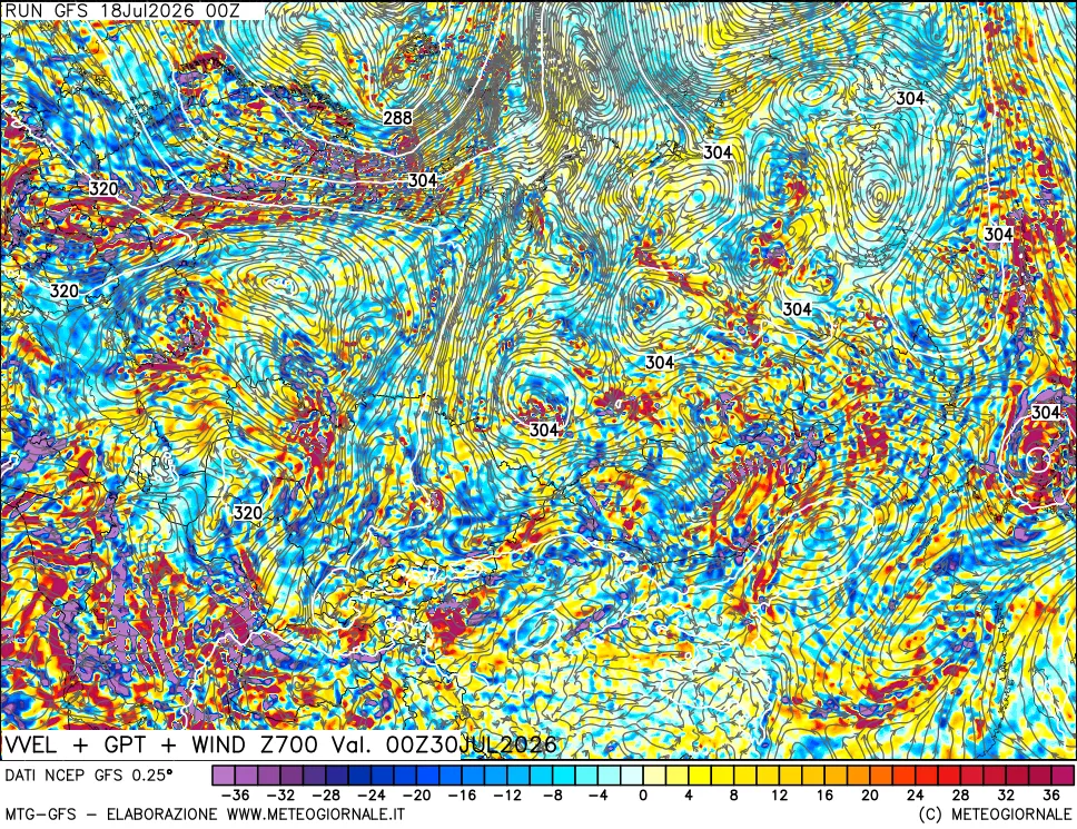 mappa 700 hPa Velocità verticiali + GPT + Vento
