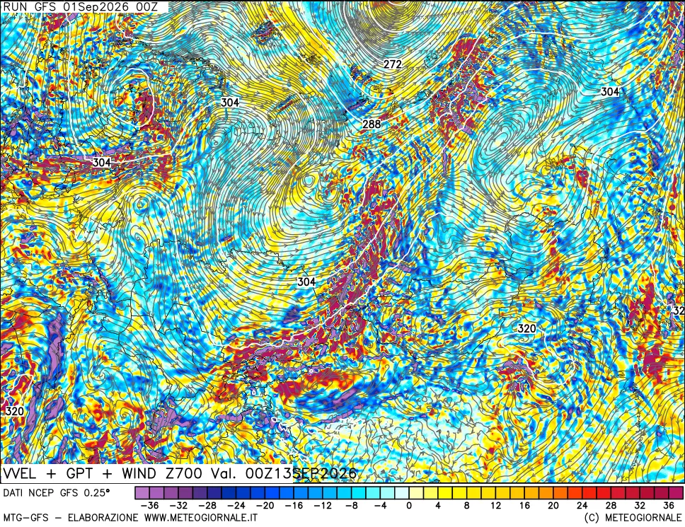 mappa 700 hPa Velocità verticiali + GPT + Vento