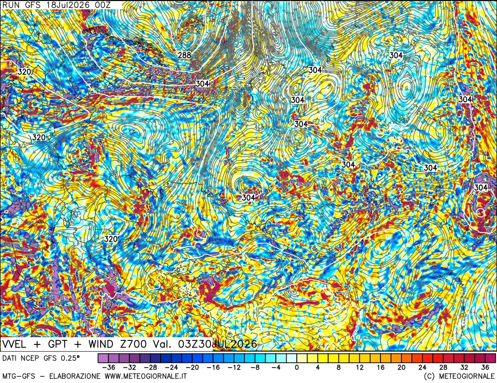 mappa 700 hPa Velocità verticiali + GPT + Vento