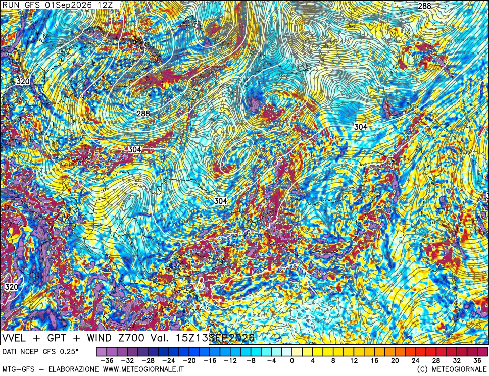 mappa 700 hPa Velocità verticiali + GPT + Vento