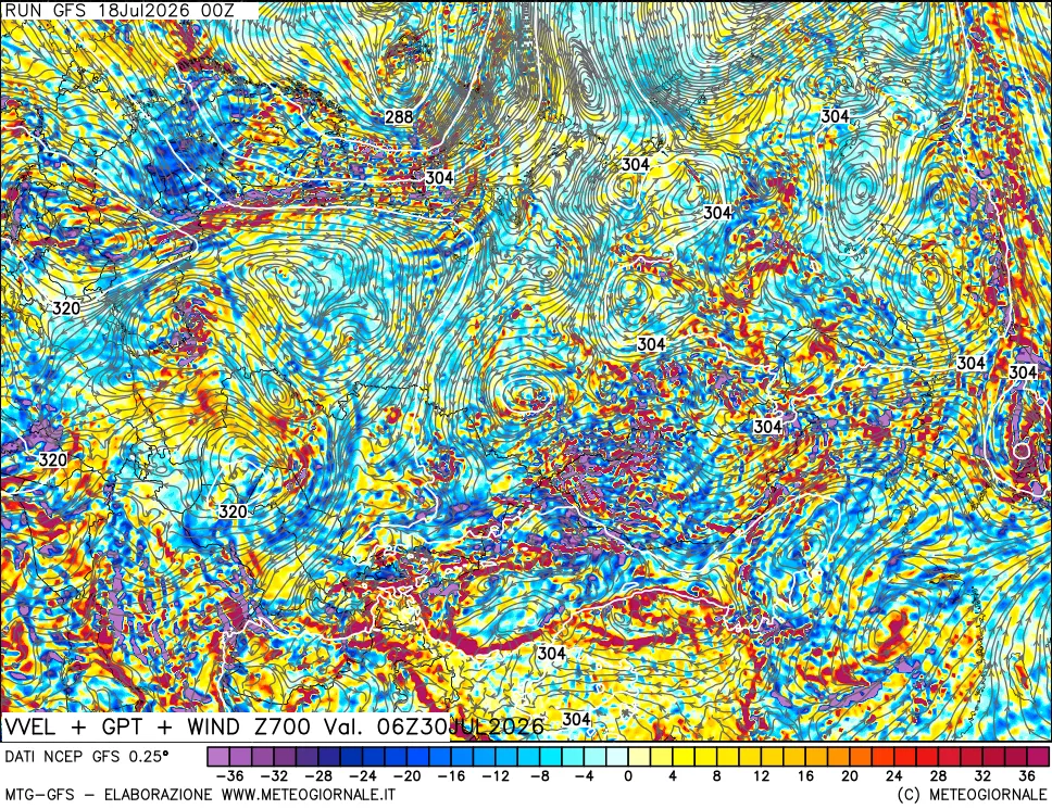 mappa 700 hPa Velocità verticiali + GPT + Vento