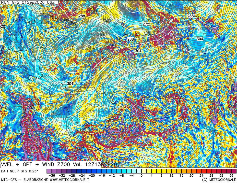 mappa 700 hPa Velocità verticiali + GPT + Vento