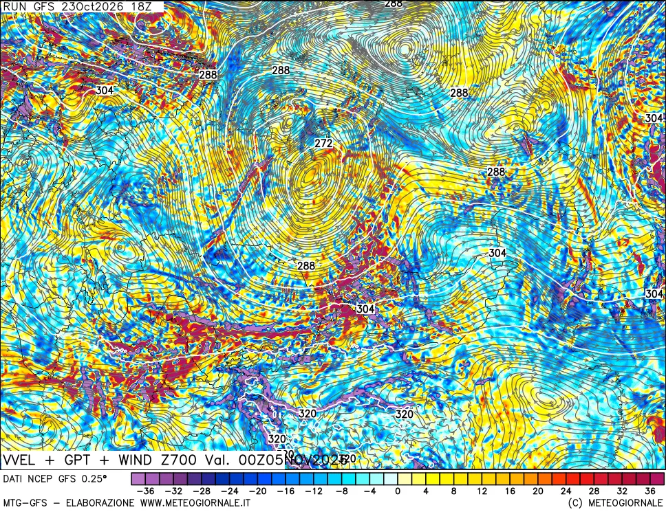 mappa 700 hPa Velocità verticiali + GPT + Vento
