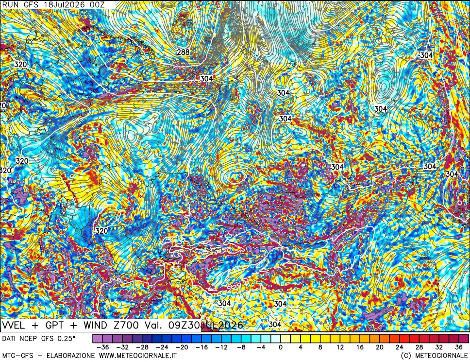 mappa 700 hPa Velocità verticiali + GPT + Vento