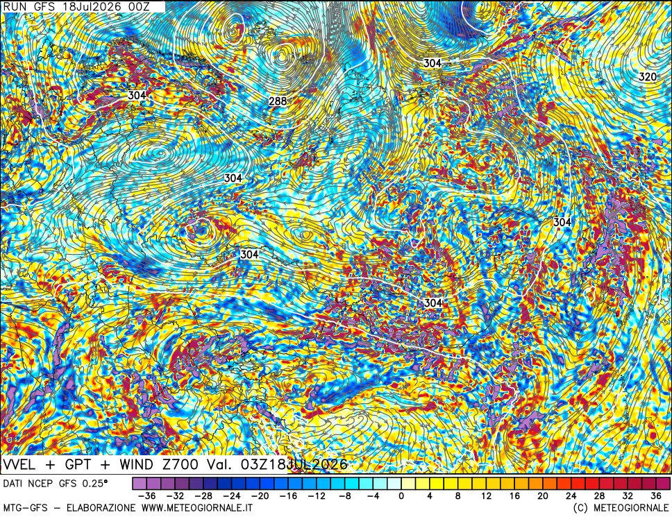 mappa 700 hPa Velocità verticiali + GPT + Vento