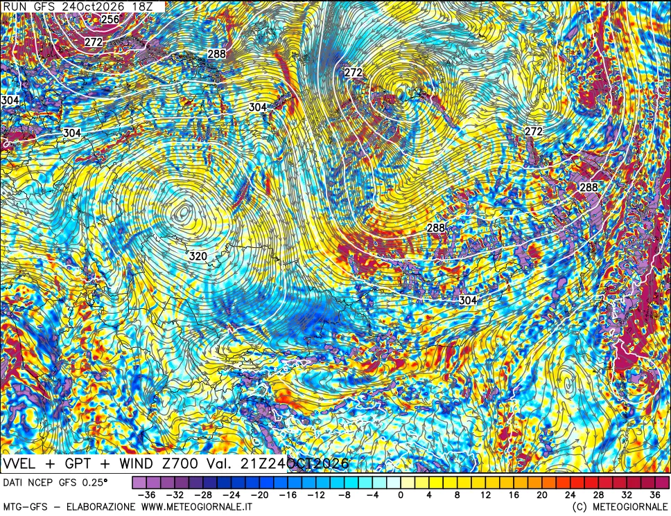 mappa 700 hPa Velocità verticiali + GPT + Vento
