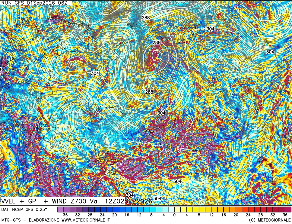 mappa 700 hPa Velocità verticiali + GPT + Vento