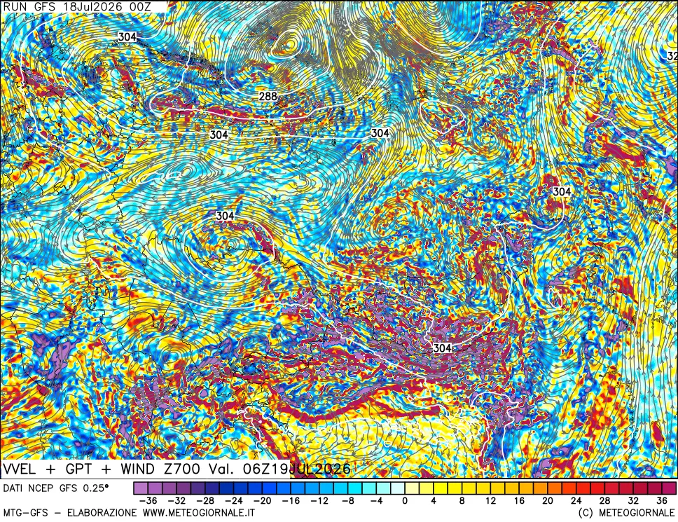 mappa 700 hPa Velocità verticiali + GPT + Vento