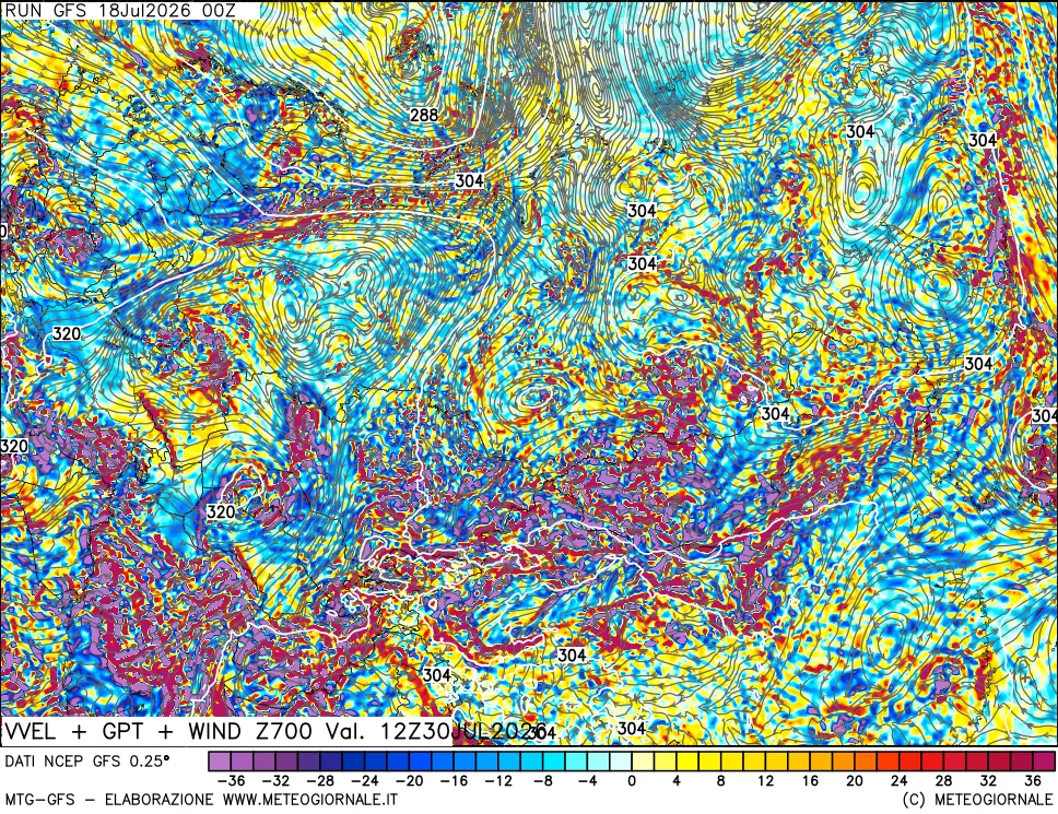 mappa 700 hPa Velocità verticiali + GPT + Vento