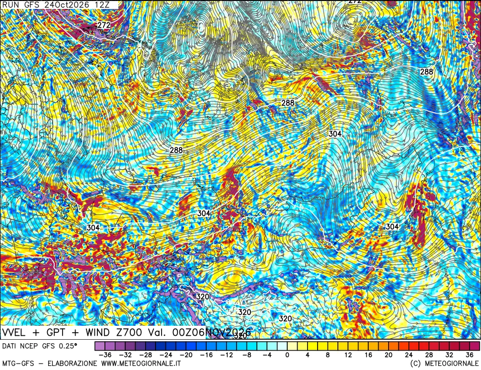 mappa 700 hPa Velocità verticiali + GPT + Vento