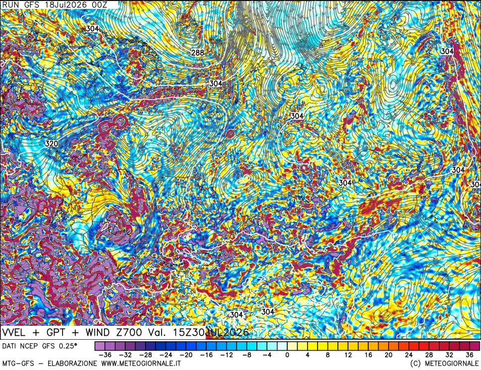 mappa 700 hPa Velocità verticiali + GPT + Vento