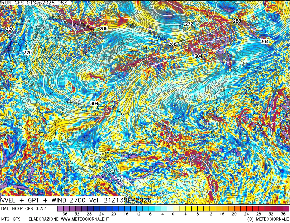 mappa 700 hPa Velocità verticiali + GPT + Vento