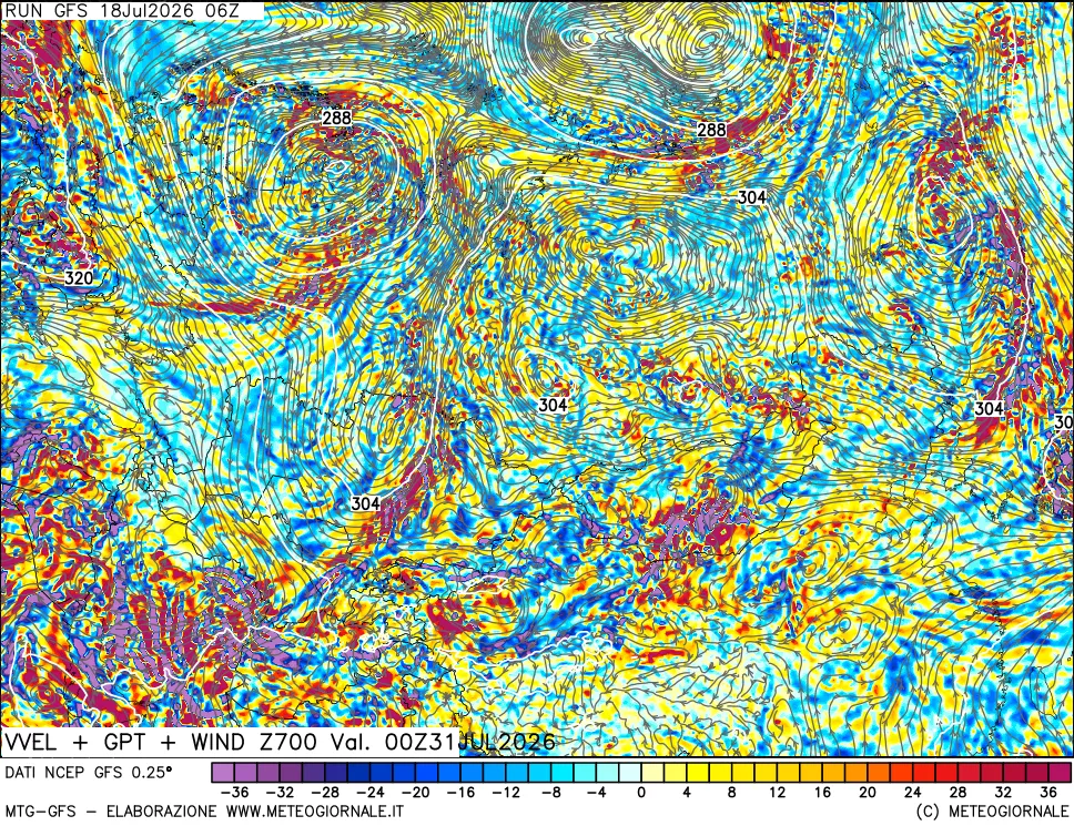 mappa 700 hPa Velocità verticiali + GPT + Vento