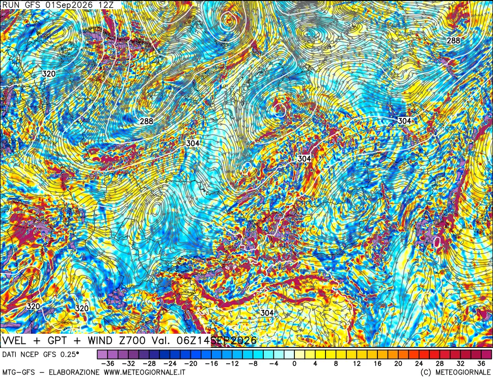 mappa 700 hPa Velocità verticiali + GPT + Vento