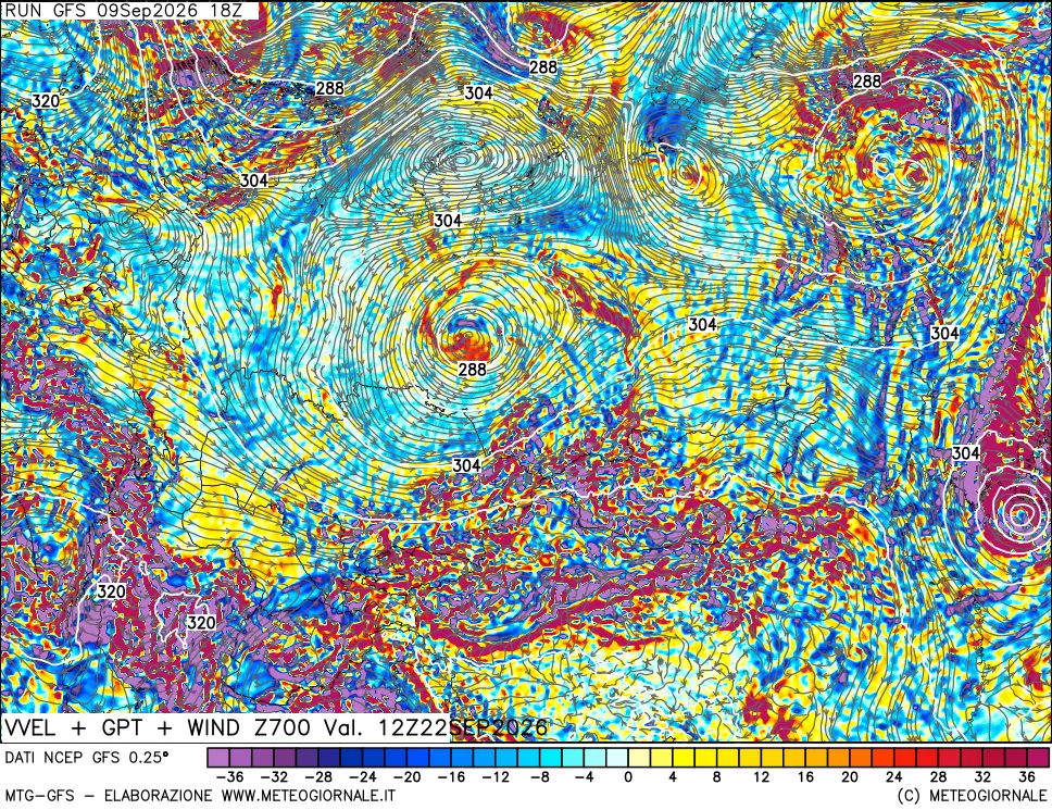 mappa 700 hPa Velocità verticiali + GPT + Vento