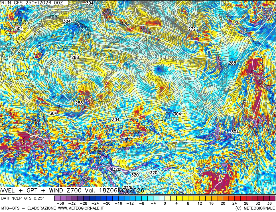 mappa 700 hPa Velocità verticiali + GPT + Vento