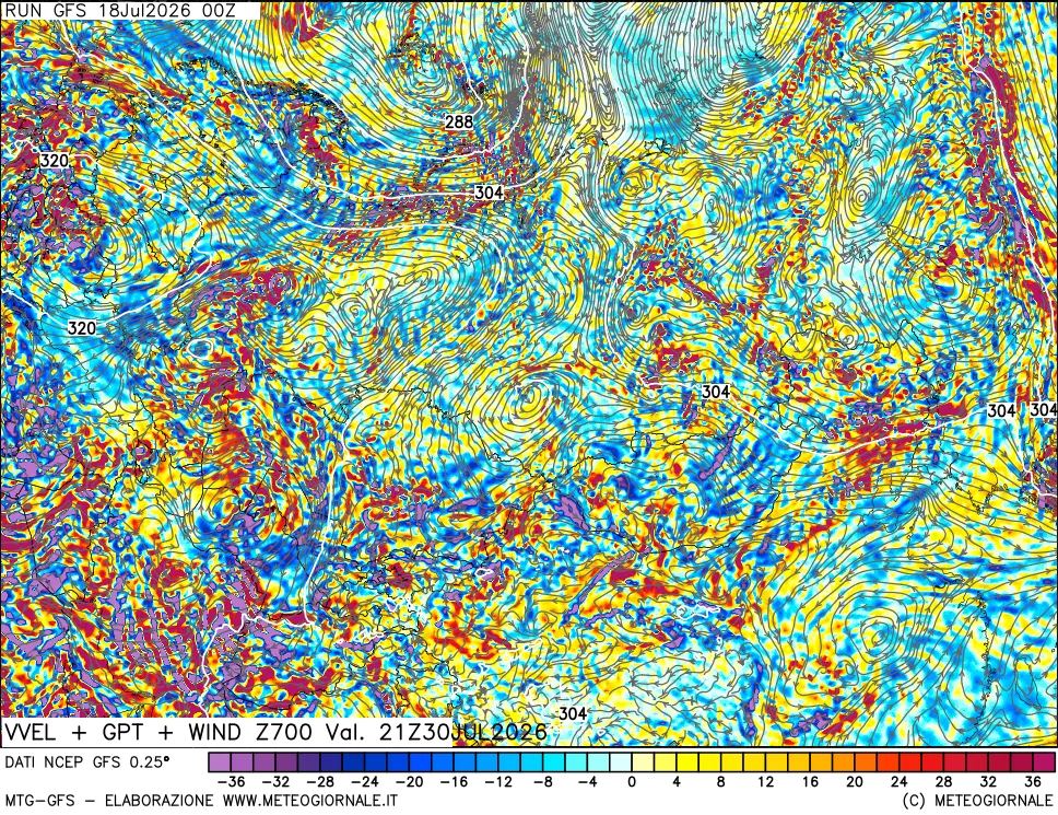 mappa 700 hPa Velocità verticiali + GPT + Vento