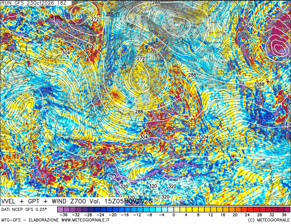 mappa 700 hPa Velocità verticiali + GPT + Vento