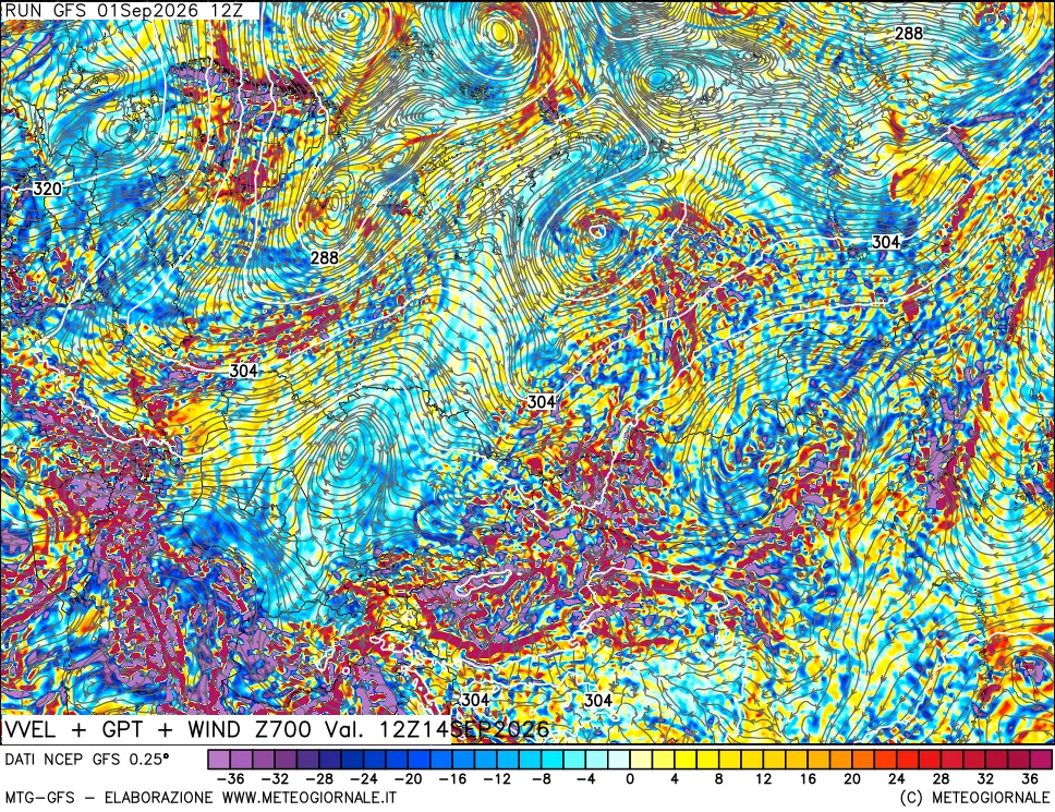 mappa 700 hPa Velocità verticiali + GPT + Vento