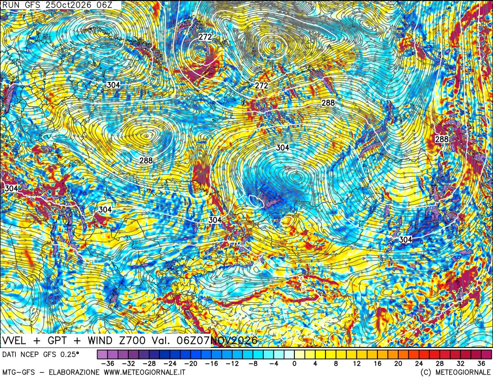 mappa 700 hPa Velocità verticiali + GPT + Vento