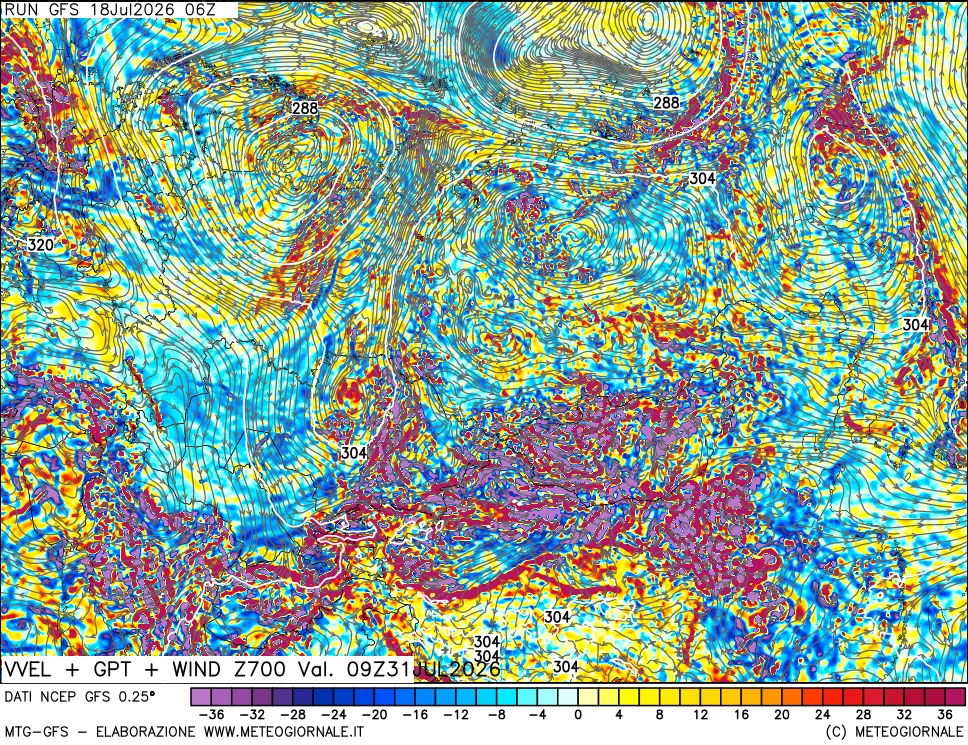 mappa 700 hPa Velocità verticiali + GPT + Vento