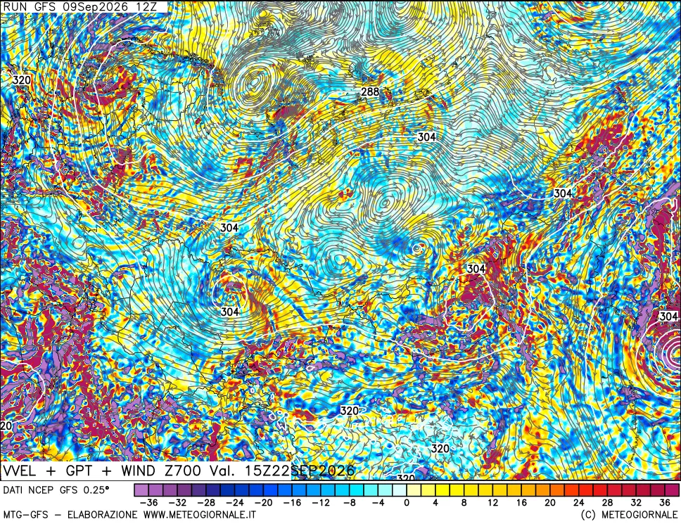 mappa 700 hPa Velocità verticiali + GPT + Vento