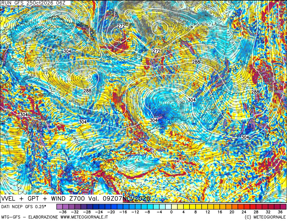 mappa 700 hPa Velocità verticiali + GPT + Vento