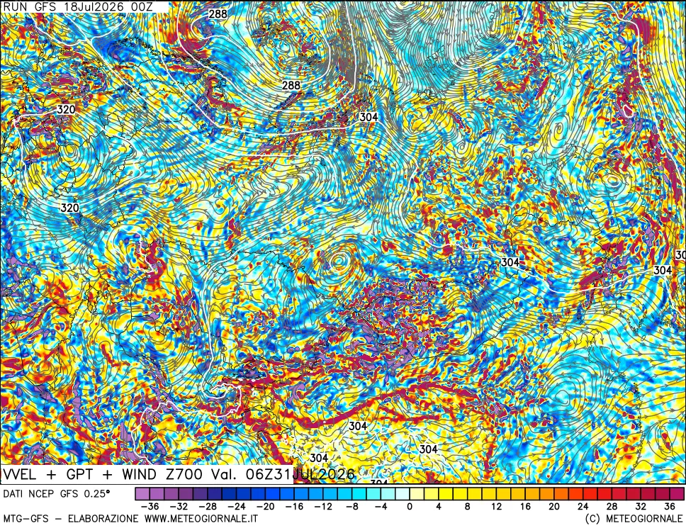mappa 700 hPa Velocità verticiali + GPT + Vento