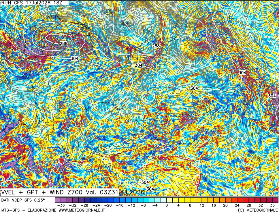 mappa 700 hPa Velocità verticiali + GPT + Vento