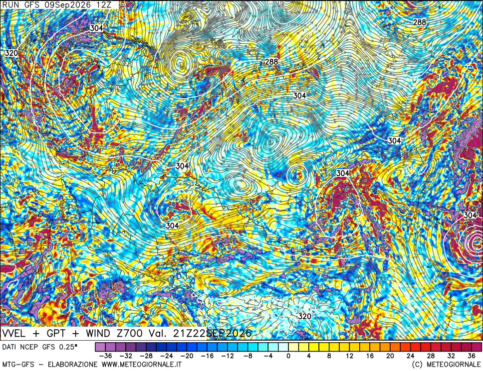 mappa 700 hPa Velocità verticiali + GPT + Vento