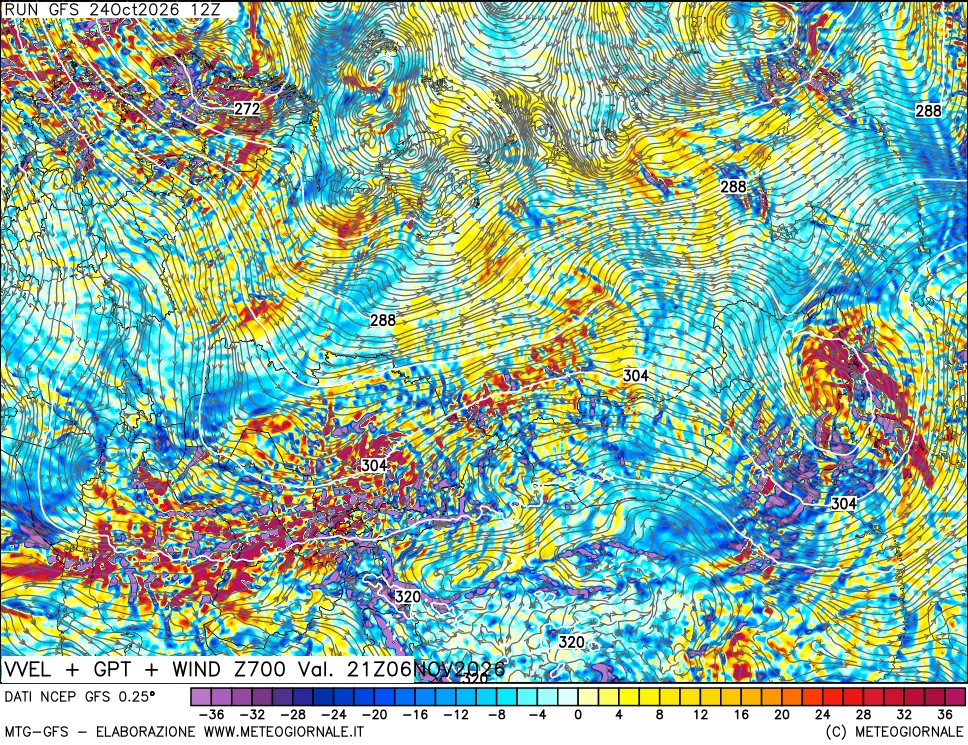 mappa 700 hPa Velocità verticiali + GPT + Vento