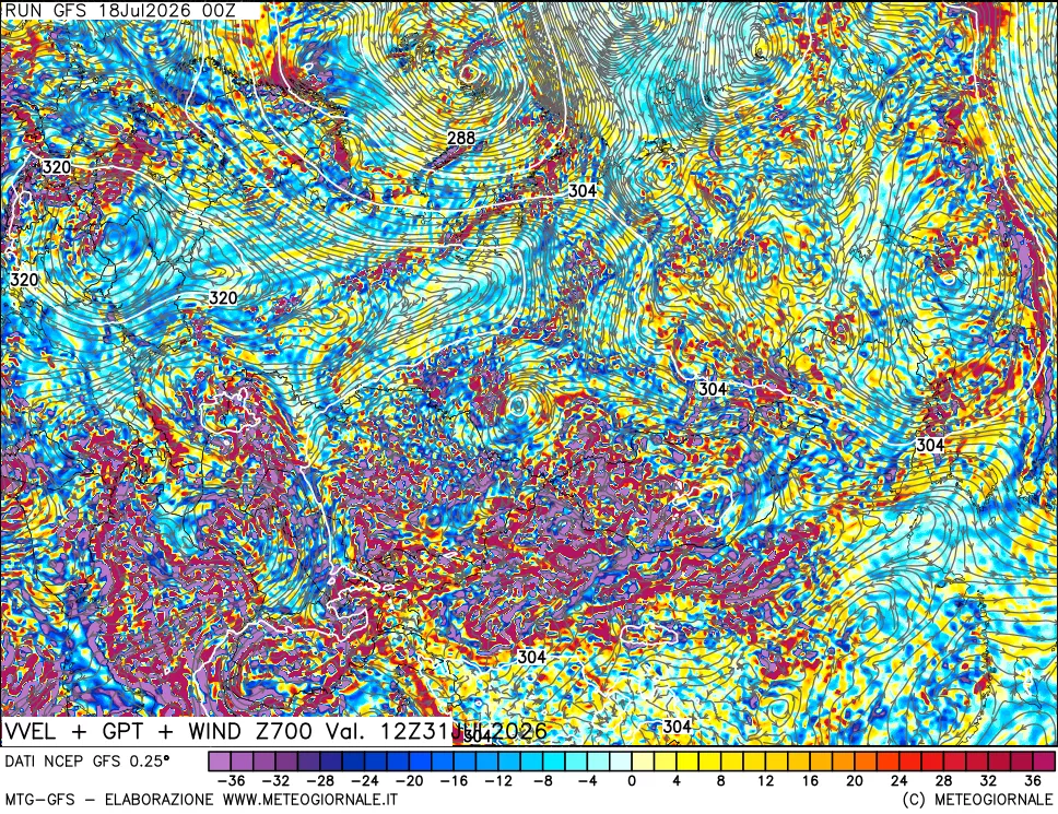 mappa 700 hPa Velocità verticiali + GPT + Vento