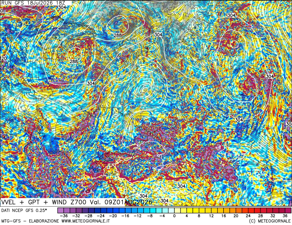 mappa 700 hPa Velocità verticiali + GPT + Vento