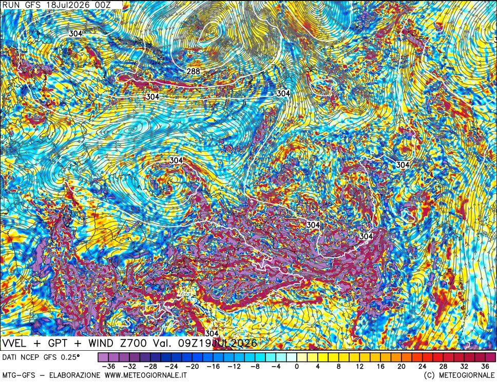 mappa 700 hPa Velocità verticiali + GPT + Vento