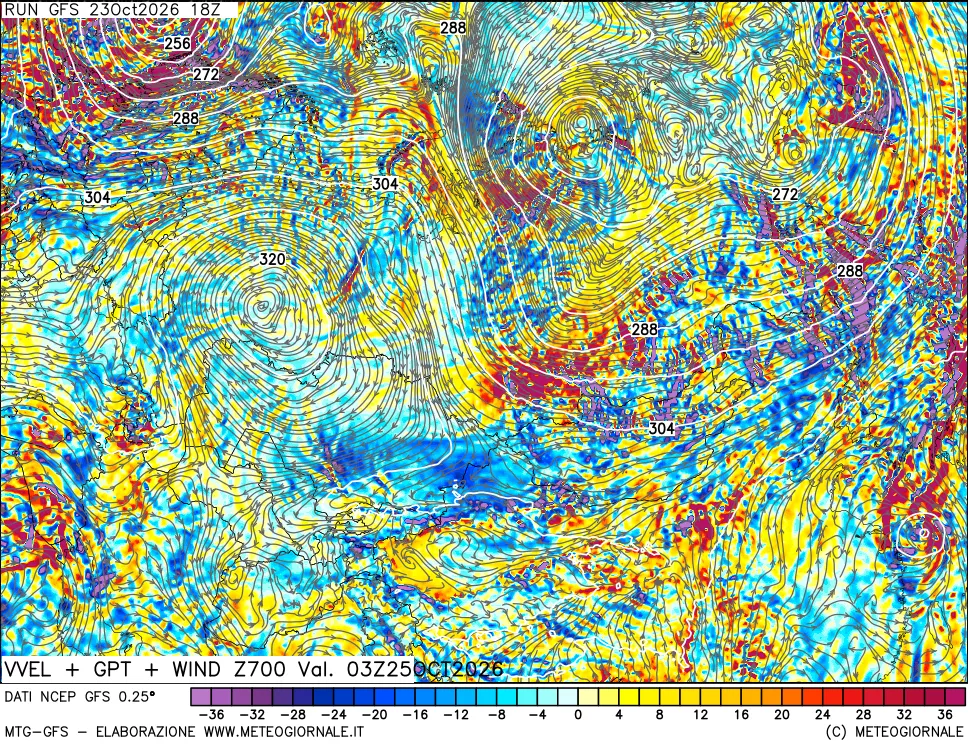 mappa 700 hPa Velocità verticiali + GPT + Vento