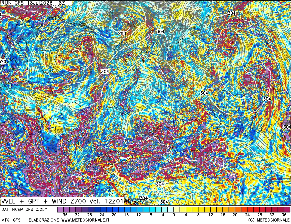 mappa 700 hPa Velocità verticiali + GPT + Vento