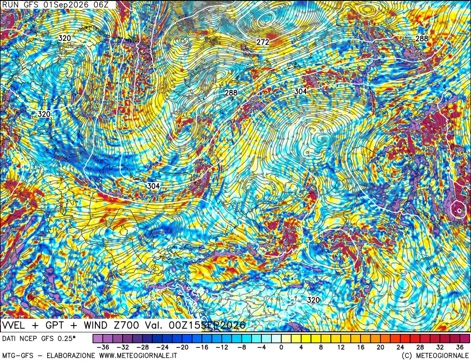mappa 700 hPa Velocità verticiali + GPT + Vento