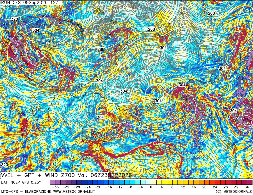 mappa 700 hPa Velocità verticiali + GPT + Vento