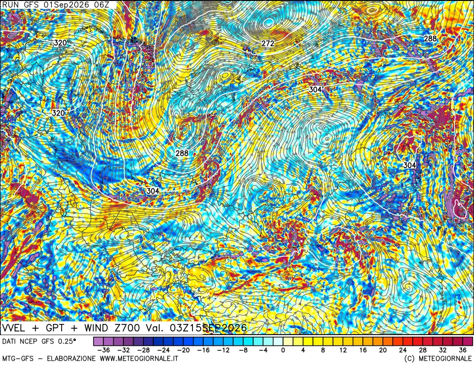 mappa 700 hPa Velocità verticiali + GPT + Vento