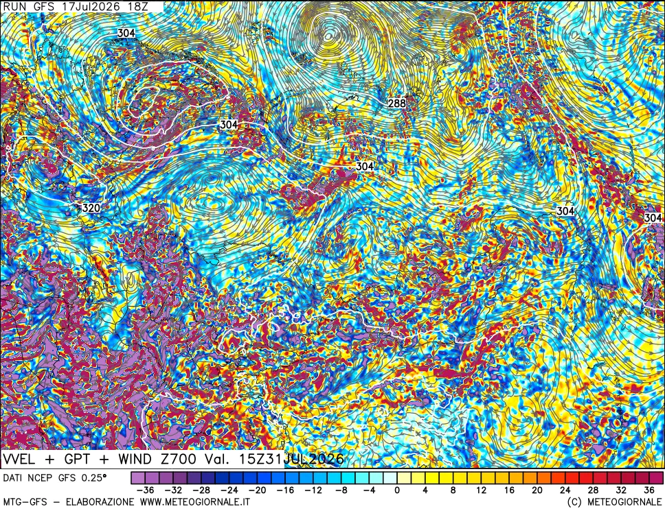 mappa 700 hPa Velocità verticiali + GPT + Vento