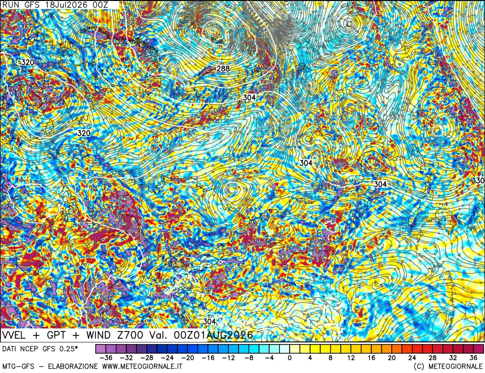 mappa 700 hPa Velocità verticiali + GPT + Vento