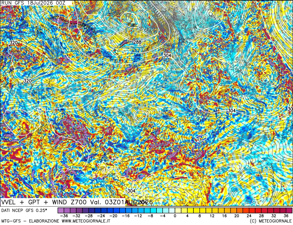 mappa 700 hPa Velocità verticiali + GPT + Vento