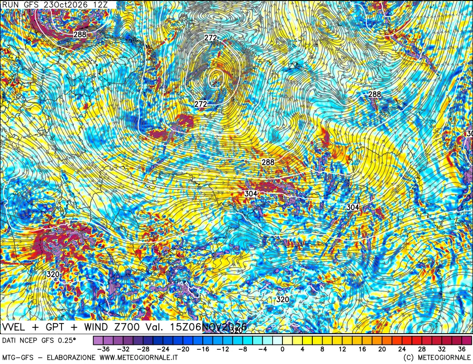 mappa 700 hPa Velocità verticiali + GPT + Vento