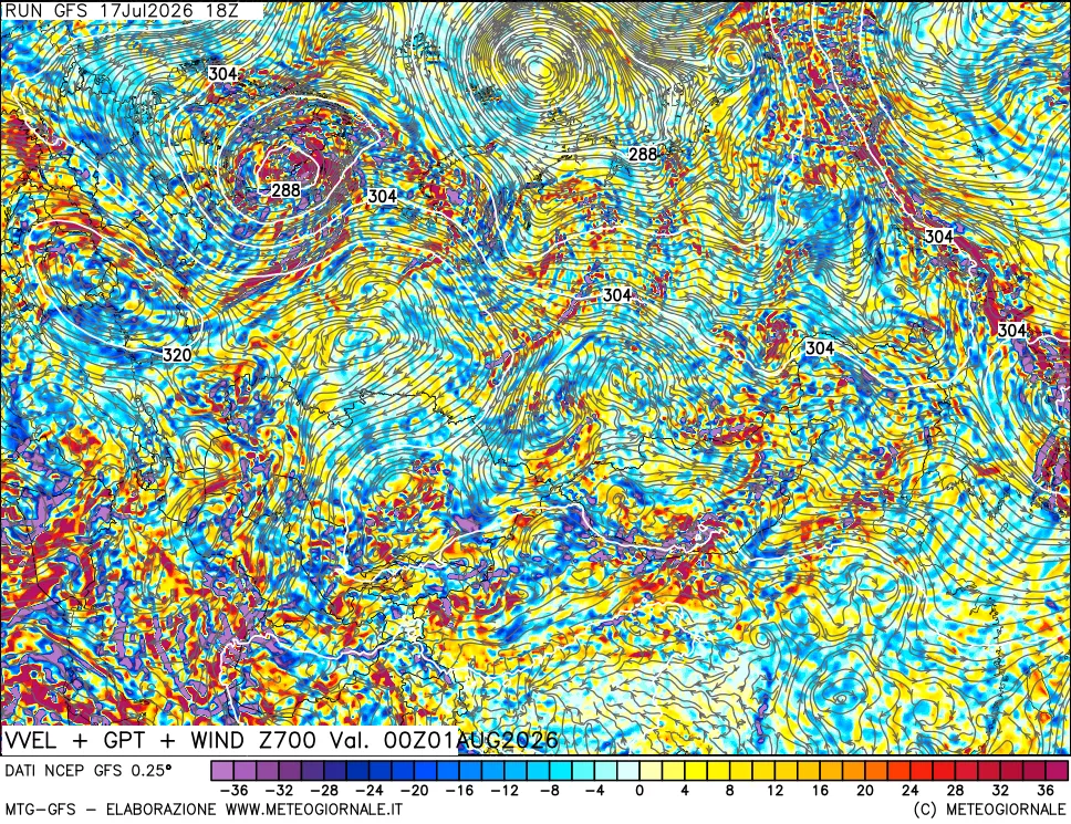 mappa 700 hPa Velocità verticiali + GPT + Vento