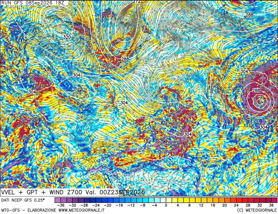 mappa 700 hPa Velocità verticiali + GPT + Vento