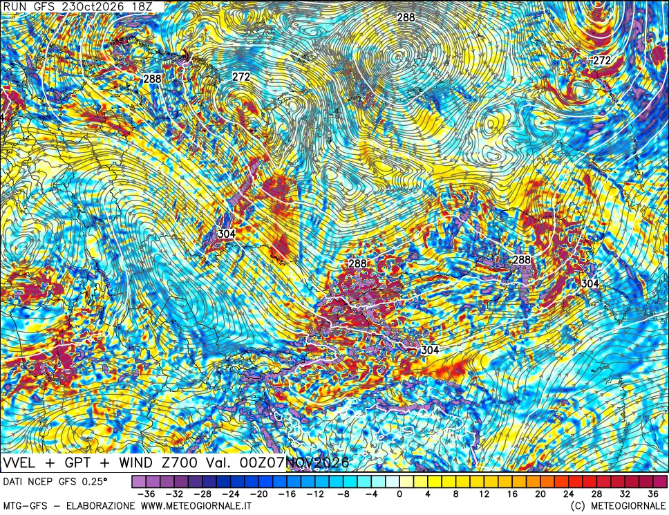 mappa 700 hPa Velocità verticiali + GPT + Vento