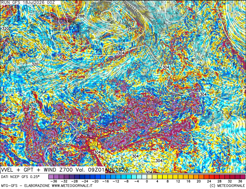 mappa 700 hPa Velocità verticiali + GPT + Vento